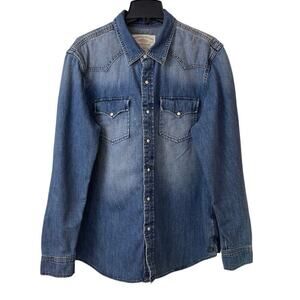 American Eagle Outfitters Pearl Snap Shirt Mens XXL Blue Vintage Slim Fit Denim